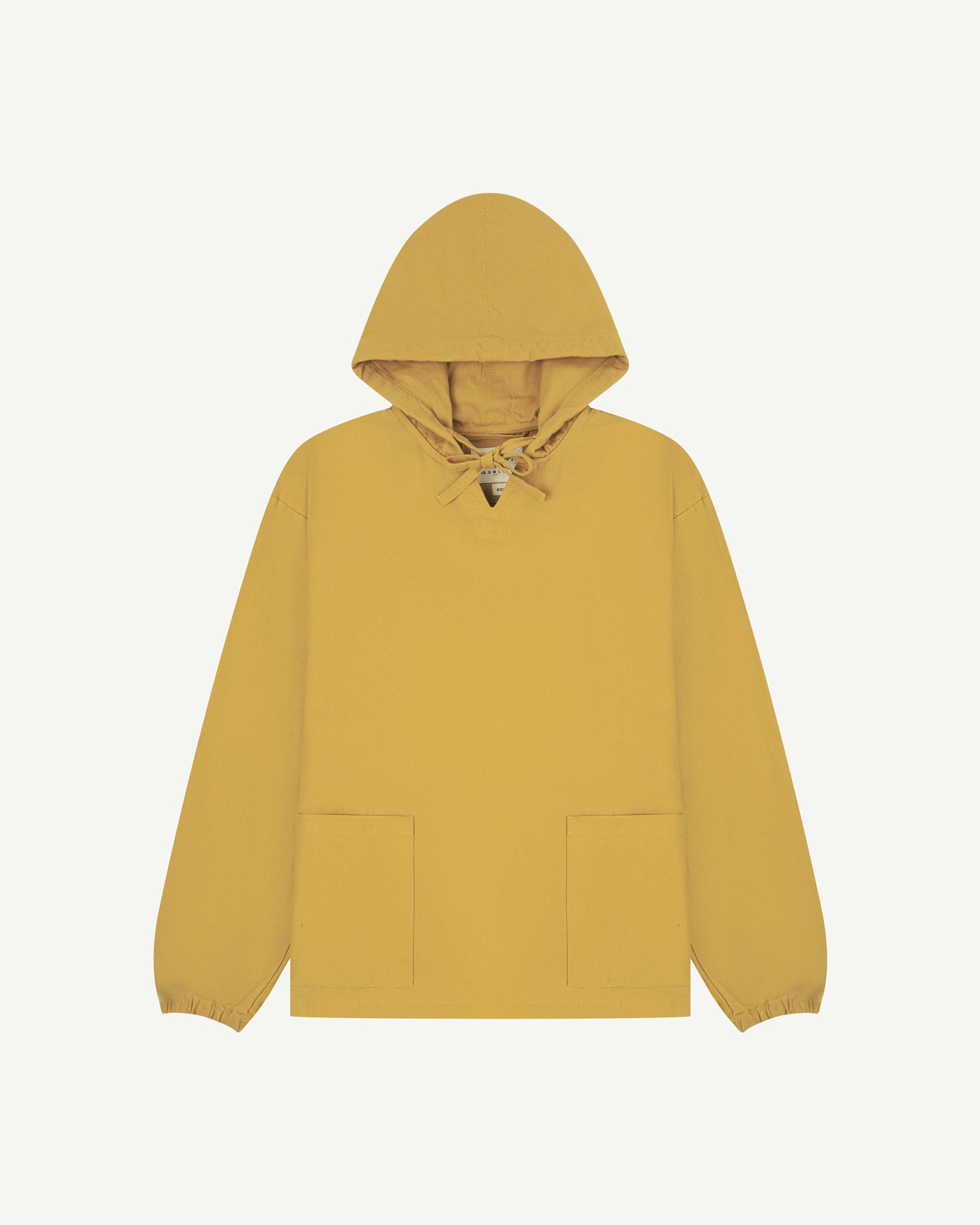 Full-length front flat view of acid yellow (citronella) smock from Uskees, showing large front hip pockets, drawstring base and hood.