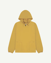 Full-length front flat view of acid yellow (citronella) smock from Uskees, showing large front hip pockets, drawstring base and hood.
