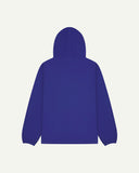 Back flat shot of Uskees ultra blue organic cotton smock showing reinforced elbows, back of hood and loose silhouette.