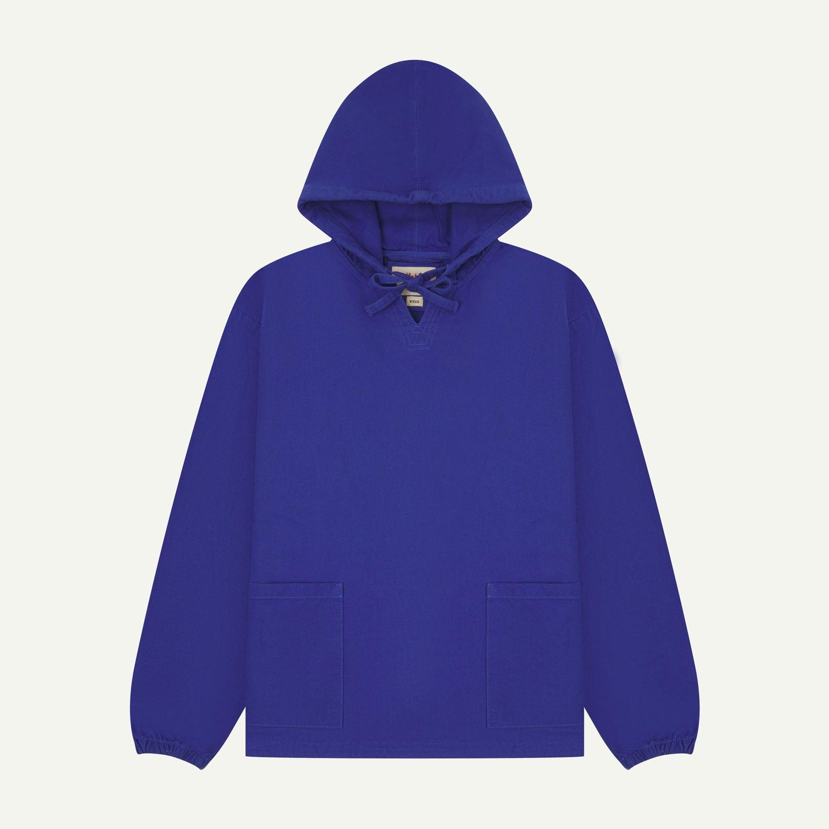 Full-length front flat view of ultra blue smock from Uskees, showing large front hip pockets, drawstring base and hood.