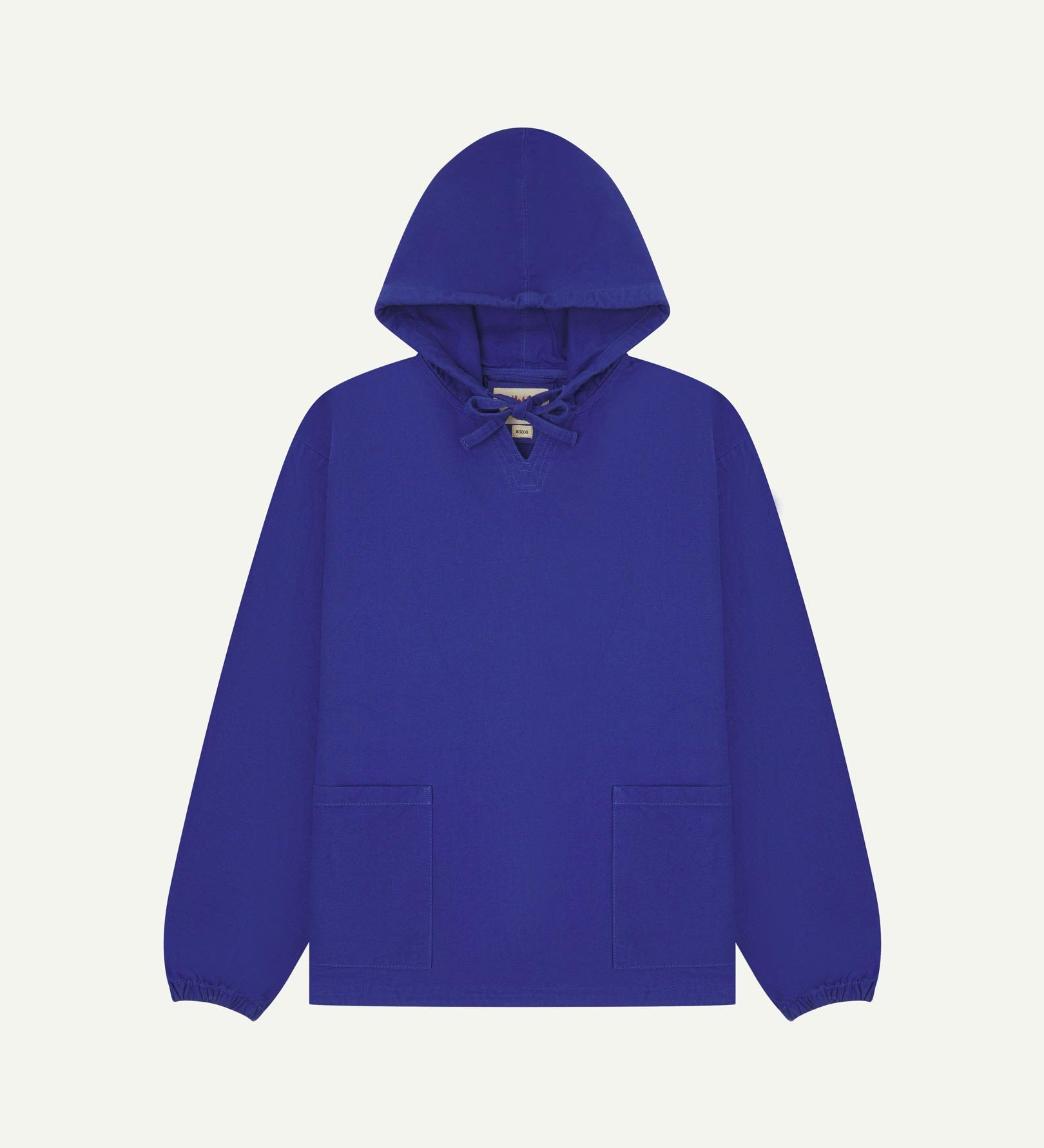 Full-length front flat view of ultra blue smock from Uskees, showing large front hip pockets, drawstring base and hood.