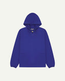 Full-length front flat view of ultra blue smock from Uskees, showing large front hip pockets, drawstring base and hood.