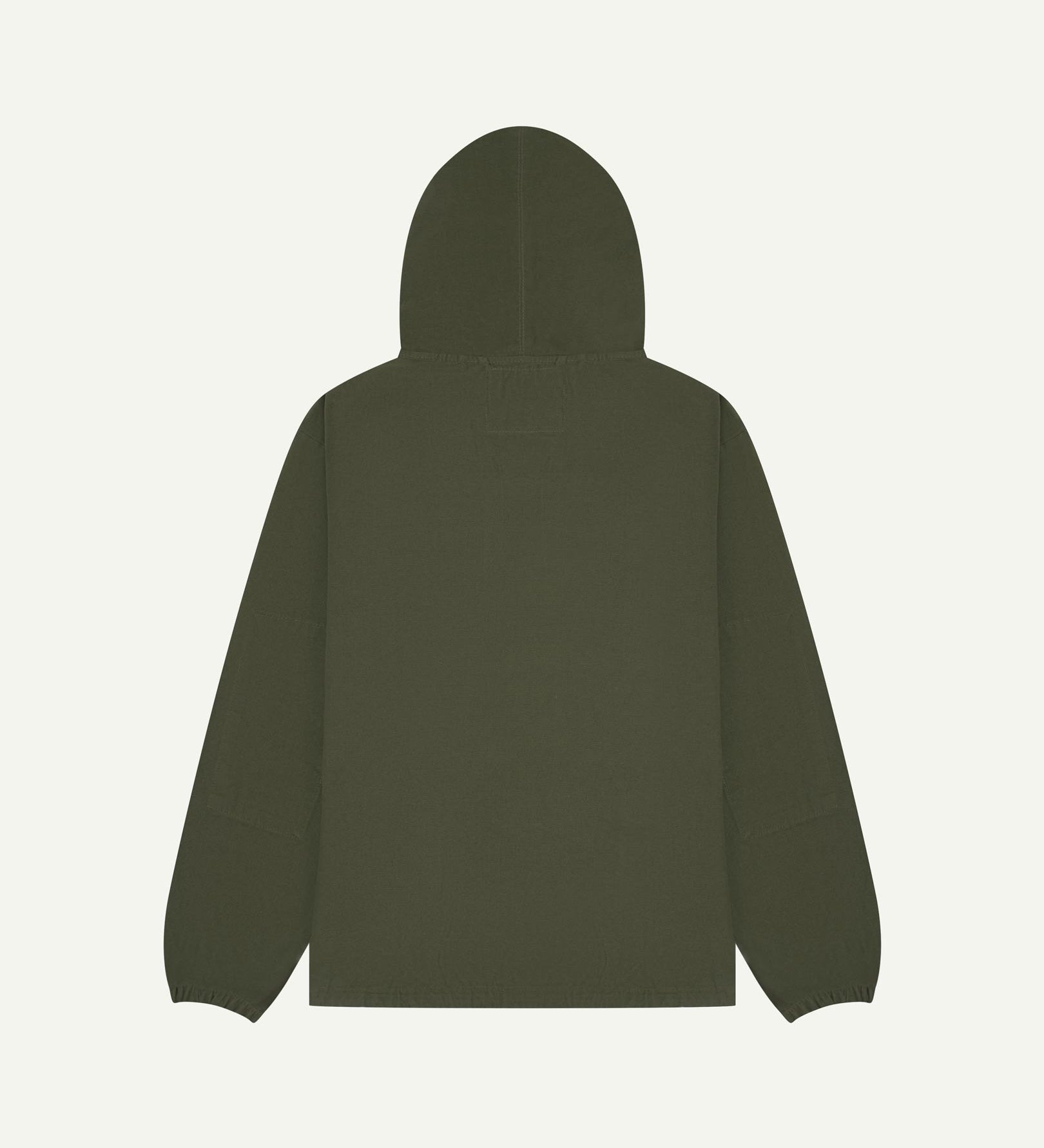 Back flat shot of Uskees vine green organic cotton smock showing reinforced elbows, back of hood and loose silhouette.