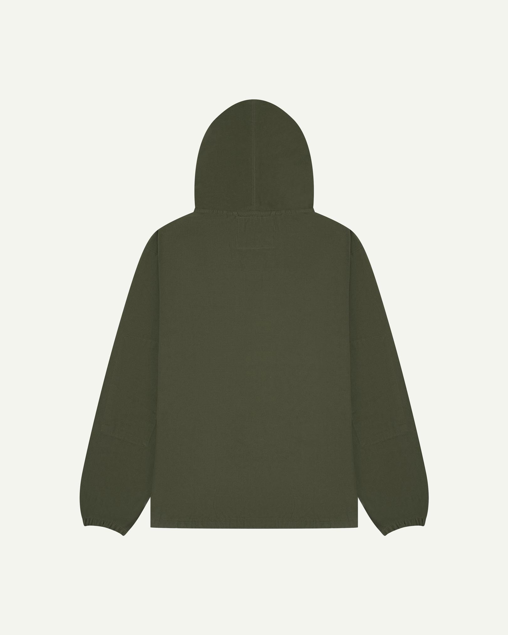Back flat shot of Uskees vine green organic cotton smock showing reinforced elbows, back of hood and loose silhouette.