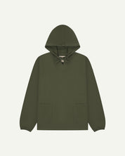 Full-length front flat view of vine green smock from Uskees, showing large front hip pockets, drawstring base and hood.