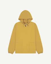 front flat shot of uskees yellow men's organic cotton smock showing hood and 2 front pockets