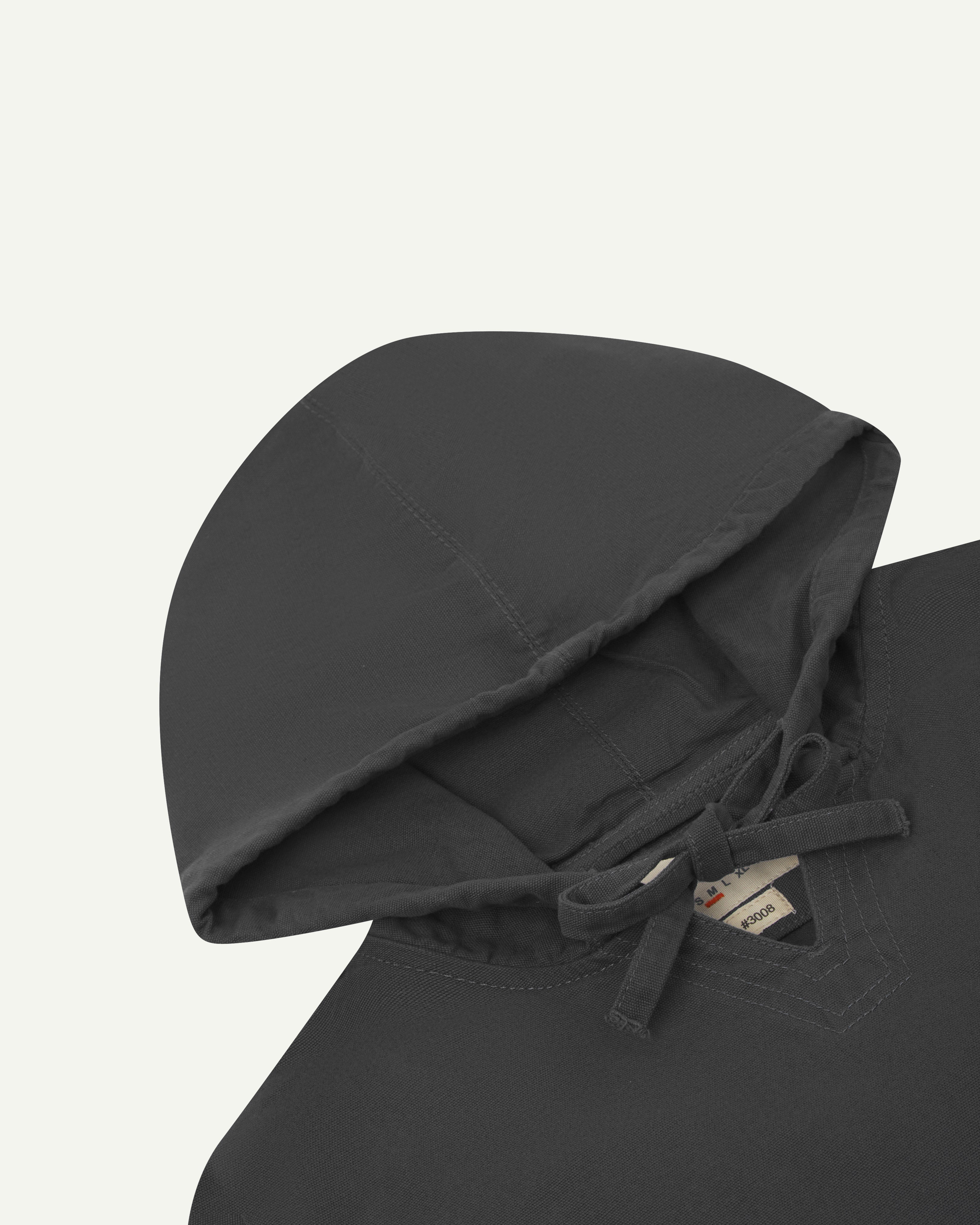 front flat shot of uskees dark grey men's organic cotton smock showing hood 