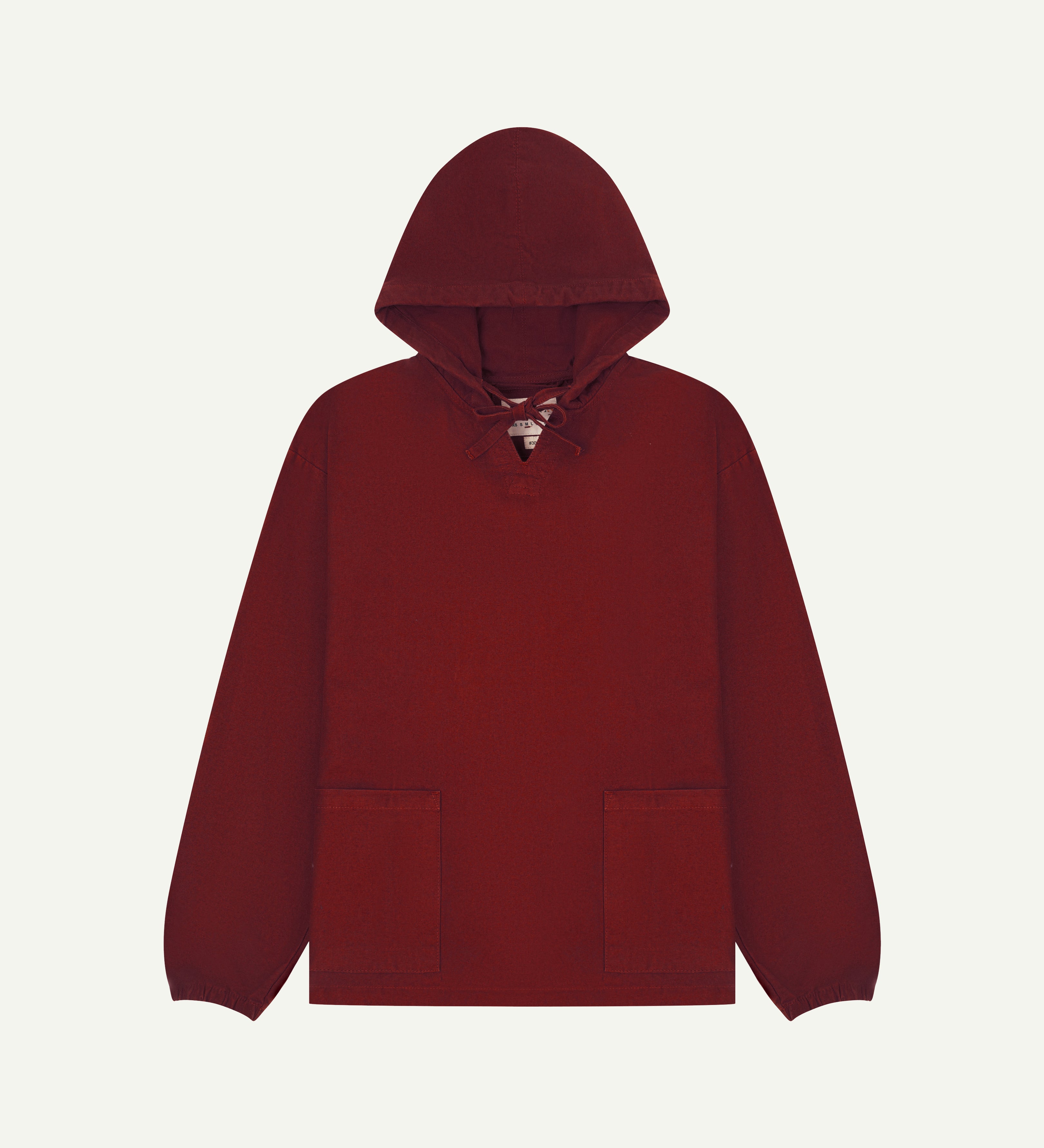 front flat shot of uskees dark red men's organic cotton smock showing hood and 2 front pockets
