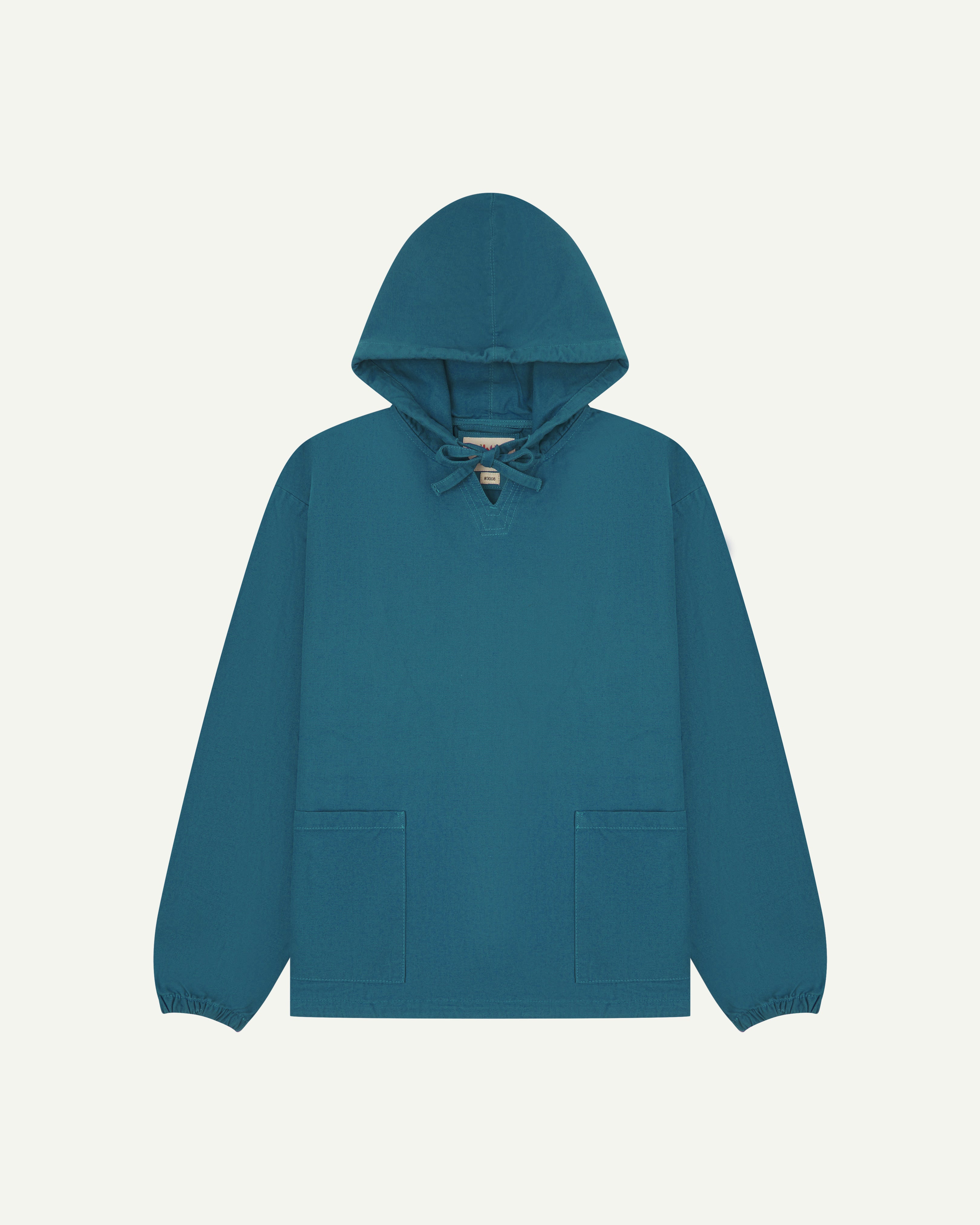 front flat shot of uskees mid-blue men's organic cotton smock showing hood and 2 front pockets