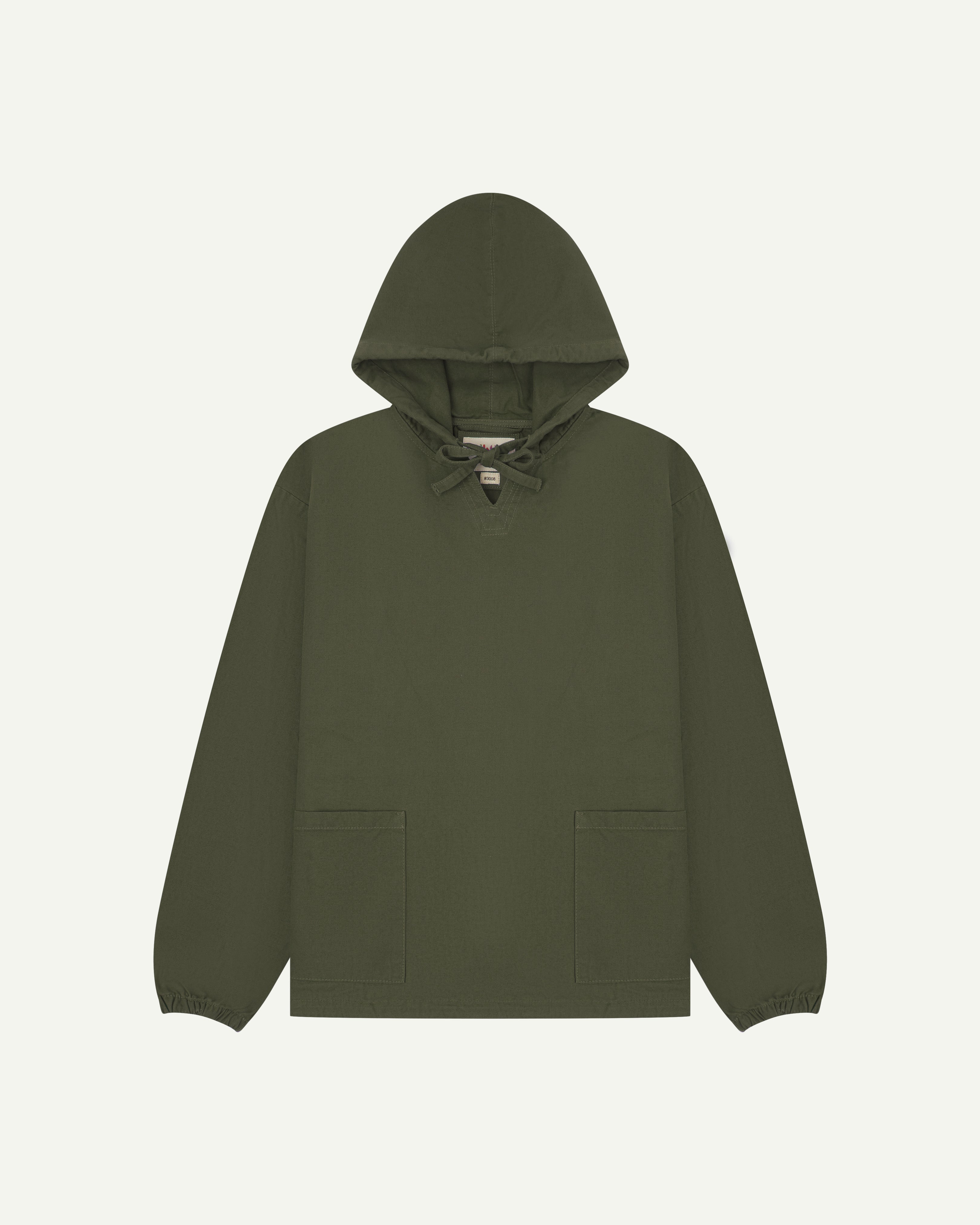 front flat shot of uskees dark green men's organic cotton smock showing hood and 2 front pockets