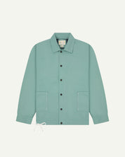 Front view of Uskees eucalyptus organic cotton coach jacket with 2 patch pockets, popper fastening and contrast yoke.