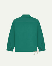 Full back view of Uskees foam green organic cotton coach jacket showing reinforced elbows and simple design.