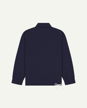 Full back view of Uskees dark blue organic cotton coach jacket showing reinforced elbows and simple design.