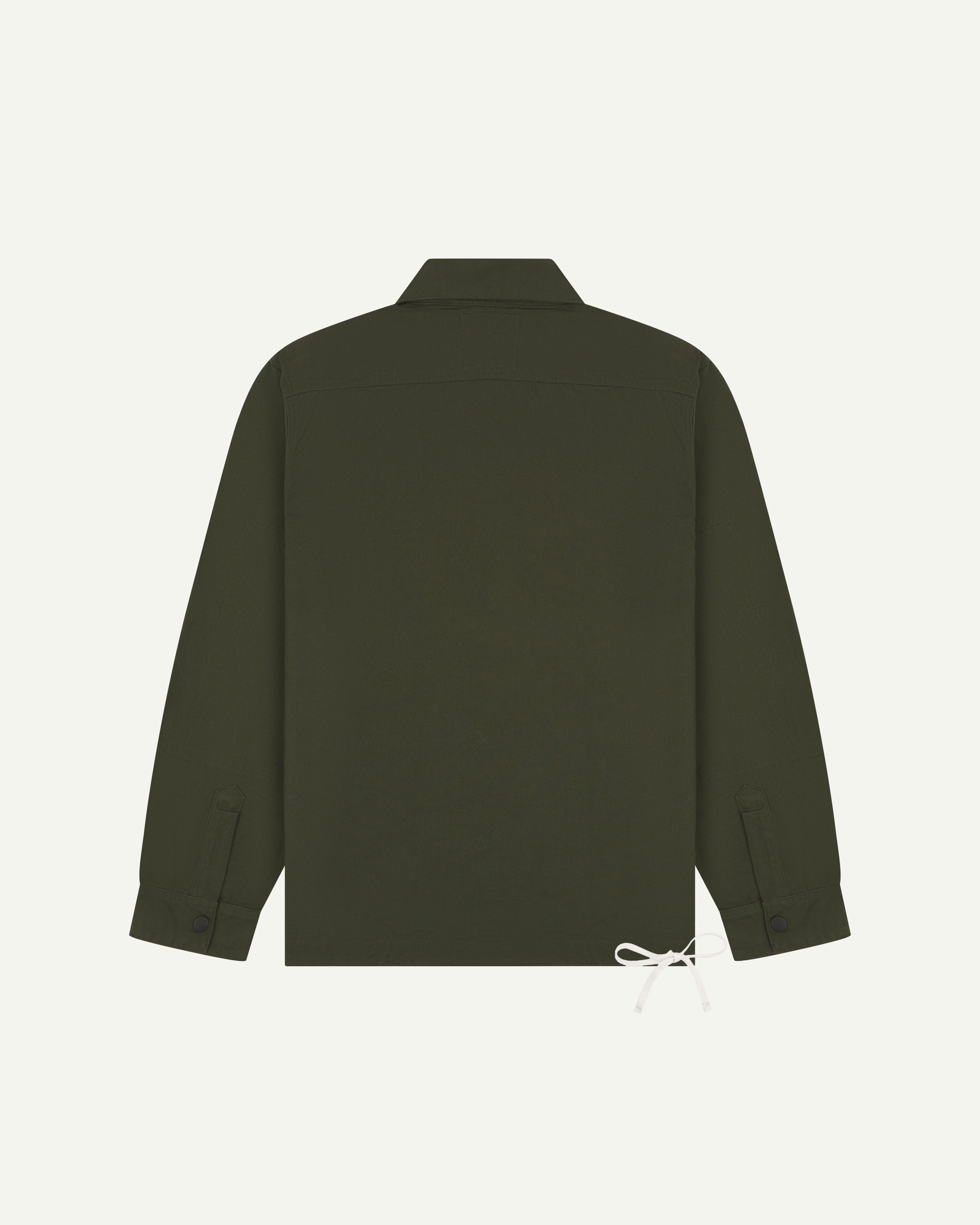 flat back shot of uskees dark green coach jacket showing adjustable cream drawstring base