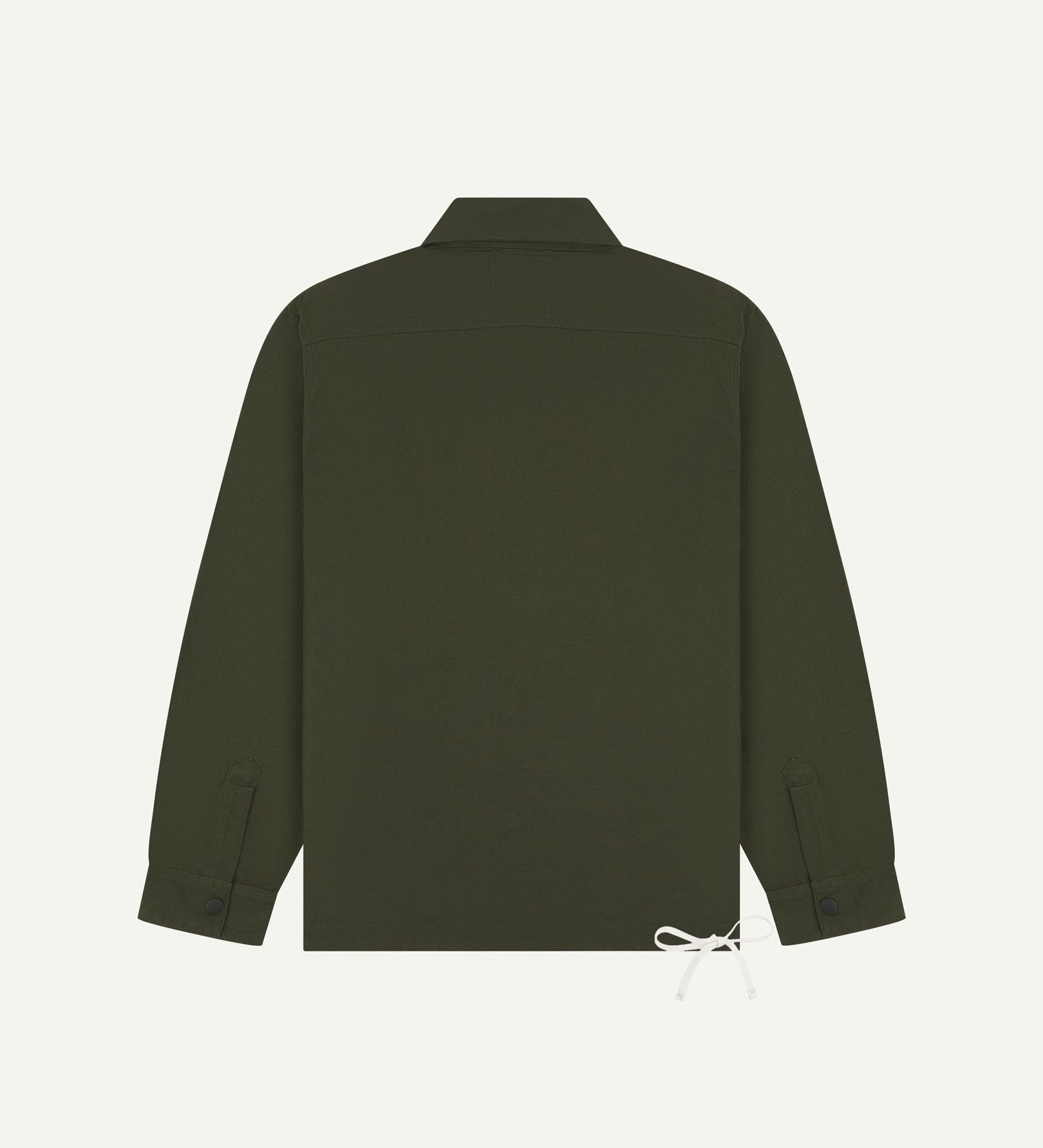 Full back view of Uskees vine green organic cotton coach jacket showing reinforced elbows and simple design.