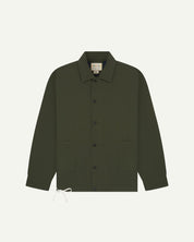 Full front view of Uskees vine green organic cotton coach jacket with 2 patch pockets and drawstring base.