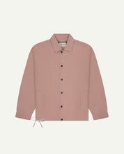 Flat front shot of Uskees #3013 coach jacket in dusty pink showing drawstring waist and popper fastening