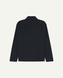 Back flat view of blueberry-coloured organic cotton drill commuter blazer for men showing handy reverse pocket ideal for cycling.