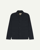 Front view of blueberry-coloured organic cotton drill commuter blazer with patch pockets and view of Uskees branding label.