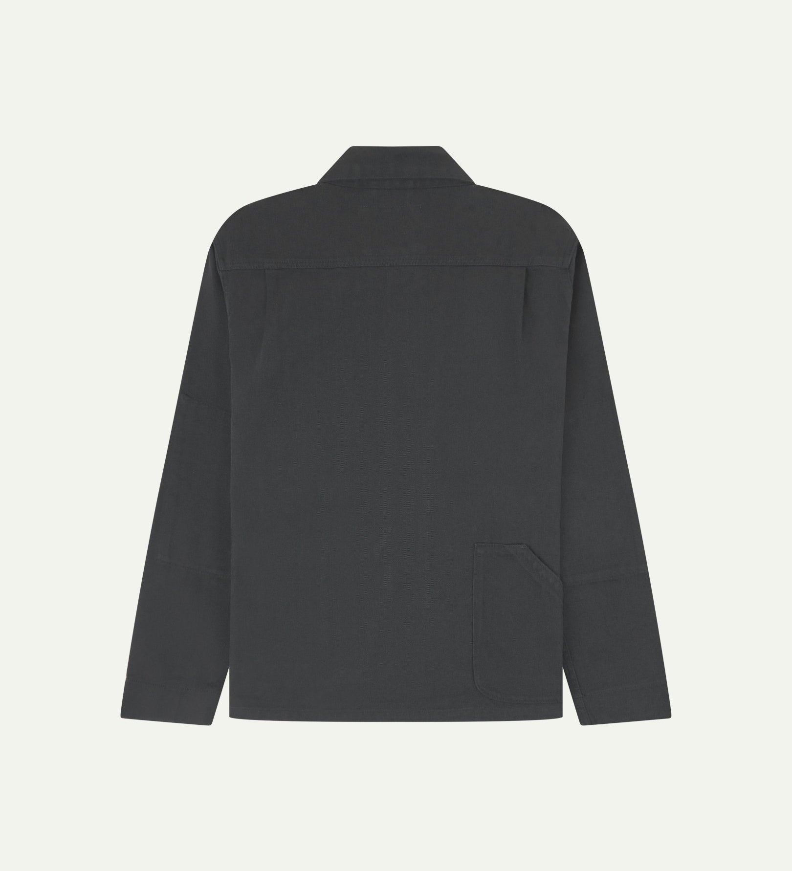 Back flat view of charcoal-grey organic cotton drill commuter blazer for men showing handy reverse pocket ideal for cycling.