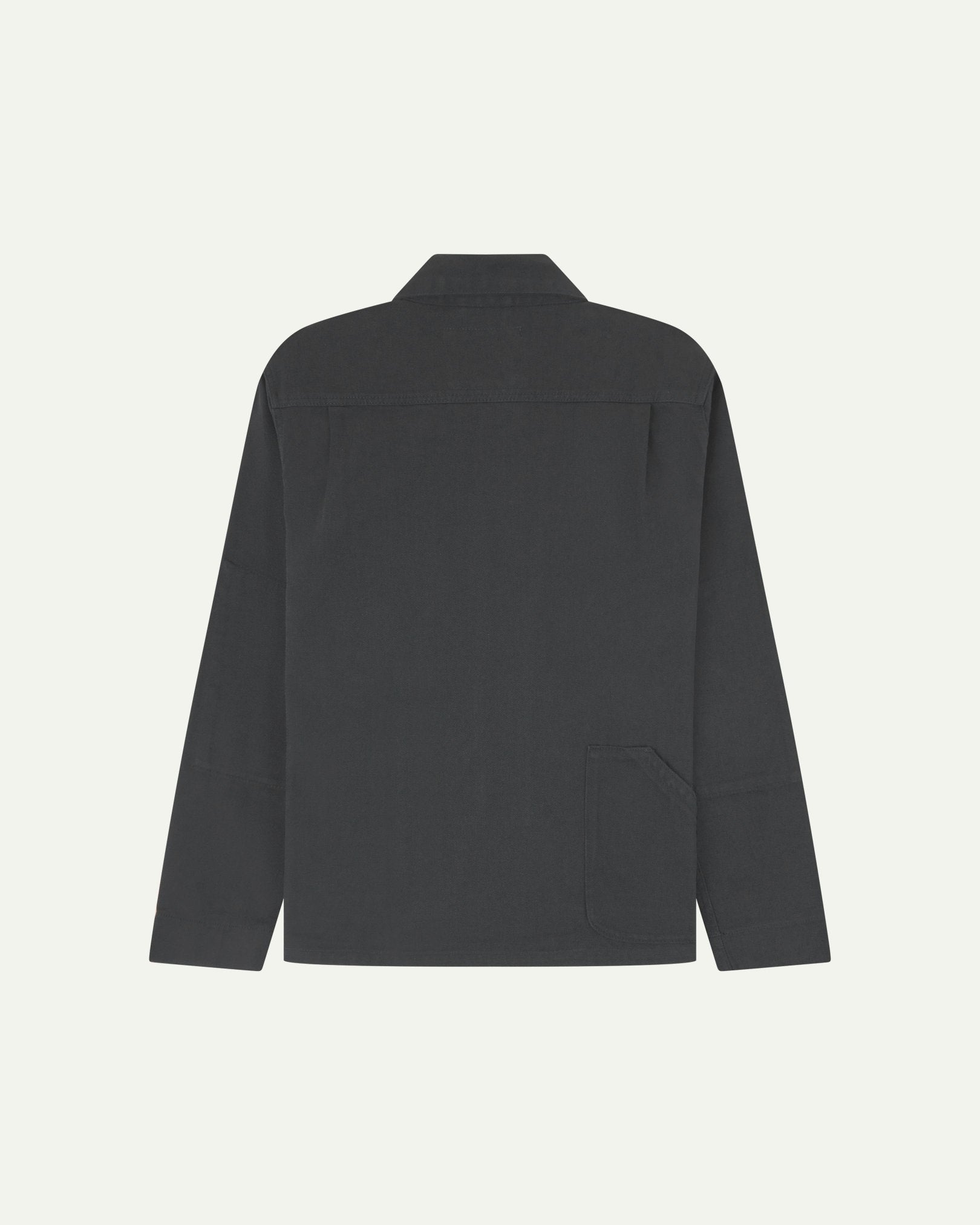 Back flat view of charcoal-grey organic cotton drill commuter blazer for men showing handy reverse pocket ideal for cycling.