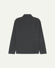 Back flat view of charcoal-grey organic cotton drill commuter blazer for men showing handy reverse pocket ideal for cycling.