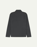 Back flat view of charcoal-grey organic cotton drill commuter blazer for men showing handy reverse pocket ideal for cycling.