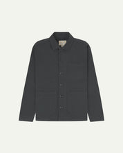 Front view of charcoal-grey organic cotton drill commuter blazer with patch pockets and view of Uskees branding label.