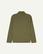 Back flat view of moss green organic cotton drill commuter blazer for men showing handy reverse pocket ideal for cycling.