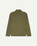 Back flat view of moss green organic cotton drill commuter blazer for men showing handy reverse pocket ideal for cycling.