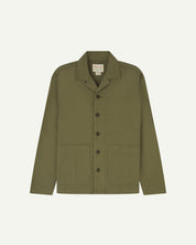 Front view of moss green organic cotton drill commuter blazer with patch pockets and view of Uskees branding label.