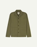 Front view of moss green organic cotton drill commuter blazer with patch pockets and view of Uskees branding label.