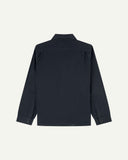 Reverse of dark blue (blueberry) buttoned organic cotton-drill overshirt from Uskees showing reinforced elbows and boxy silhouette.