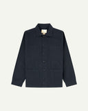 Dark blue (blueberry) buttoned organic cotton-drill overshirt from Uskees with clear view of layered patch pockets, reinforced elbows and Uskees branding label.