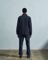 Full-length rear view of #3024, blueberry-coloured organic cotton-drill over shirt with reinforced elbows.