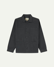 Charcoal-grey buttoned organic cotton drill overshirt from Uskees with clear view of layered patch pockets, reinforced elbows and Uskees branding label.