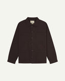 Burgundy-brown buttoned organic cotton-drill overshirt from Uskees with clear view of layered patch pockets, reinforced elbows and Uskees branding label.