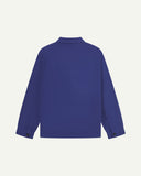 Reverse of ultra blue buttoned organic cotton-drill overshirt from Uskees showing reinforced elbows and boxy silhouette.
