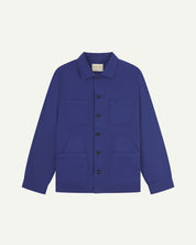 Ultra blue buttoned organic cotton-drill overshirt from Uskees with clear view of layered patch pockets, reinforced elbows and Uskees branding label.