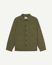 Flat front shot of Uskees #3024 drill overshirt in moss green