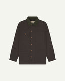 Front flat shot of Uskees cotton canvas chore jacket in charcoal-grey with a green collar. Clear view of the pockets and buttons.