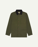 Front flat shot of Uskees cotton canvas chore jacket in coriander green with a navy blue collar. Clear view of the pockets and buttons.