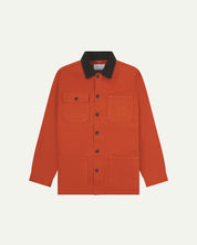 Front flat shot of Uskees cotton canvas chore jacket in golden orange with a dark brown corduroy collar. Clear view of the pockets and buttons.