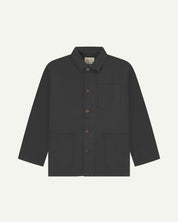 Front view of Uskees dark grey canvas men's overshirt presented buttoned up showing the 3 front pockets.