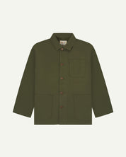 Front view of Uskees coriander-green canvas men's overshirt presented buttoned up showing the 3 front pockets.