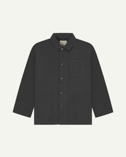 Front view of uskees dark grey canvas men's overshirt presented buttoned up showing the 3 front pockets.