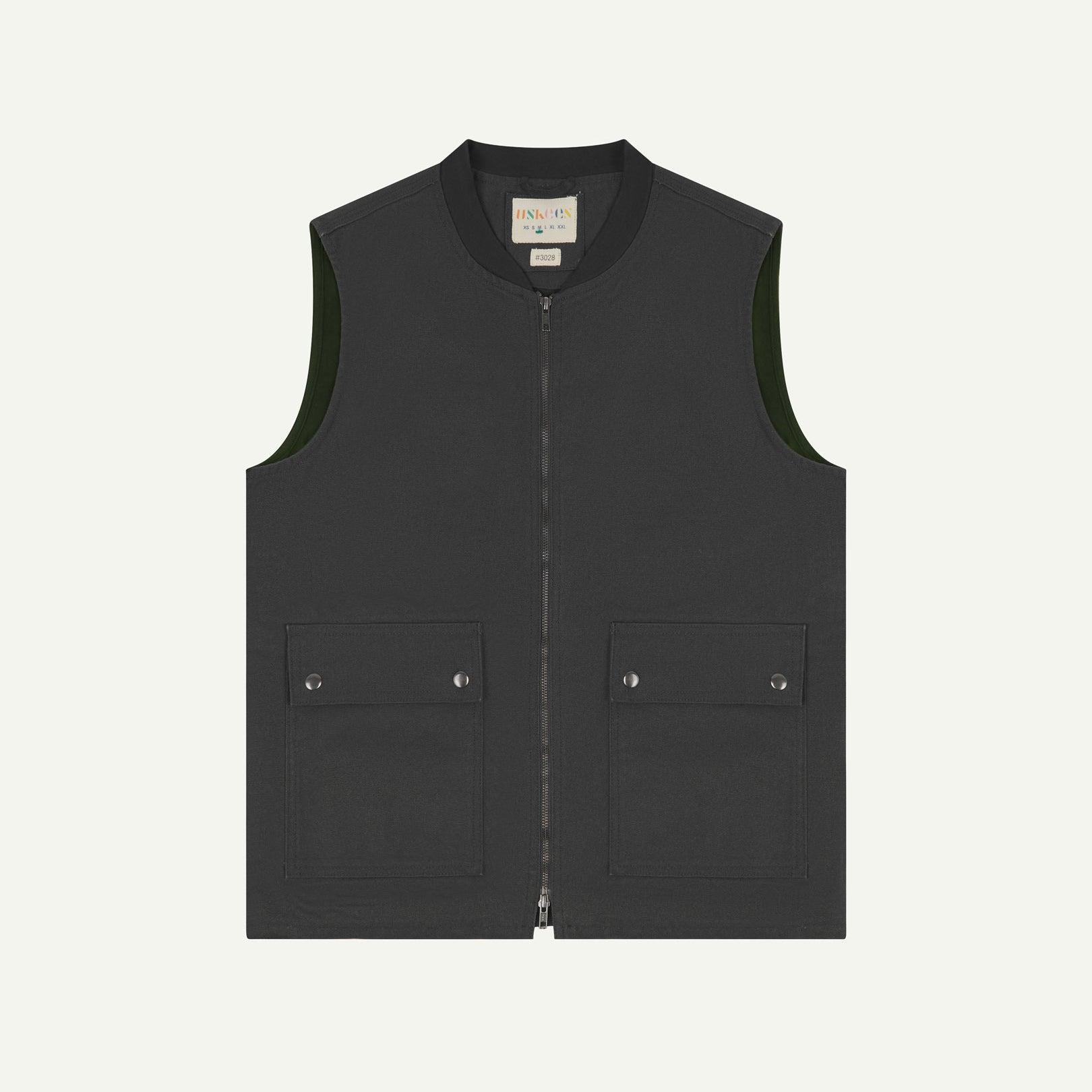 Front flat shot of Uskees charcoal-grey gilet-type zip front waistcoat showing the front flap pockets and inner brand label at neck.