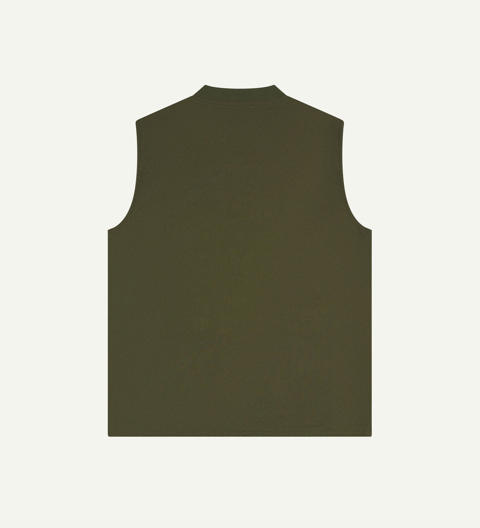 Back view of Uskees coriander-green gilet-style zip-front waistcoat, showing jersey cotton collar.