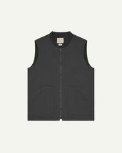 Front flat shot of Uskees charcoal-grey gilet-type zip front waistcoat showing the front patch pockets and inner brand label at neck.