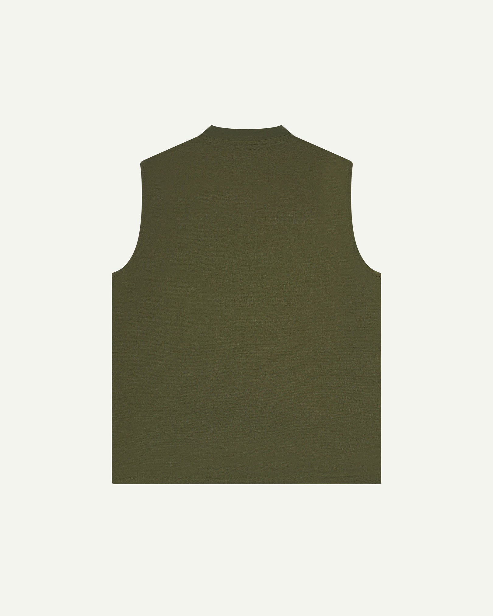 Back view of Uskees coriander green gilet-style zip-front waistcoat, showing jersey cotton collar.